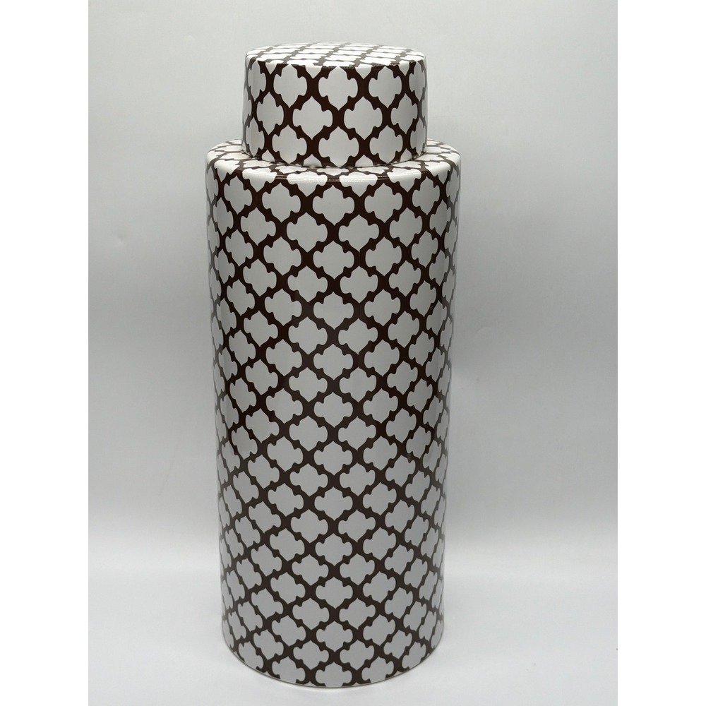 Pottery Barn Large Ceramic Decorative Canister Brown White Quatrefoil 18 Inch
